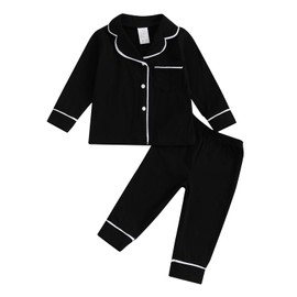 MAHUAOYIXI Toddler Baby Girl Boy Solid Pajamas Sets Long Sleeve Lapel Neck Button Down Shirts Tops with Elastic Waist Long Pants Sets 2Pcs Sleepwear Loungewear Nightwear (Black, 4-5 Years)