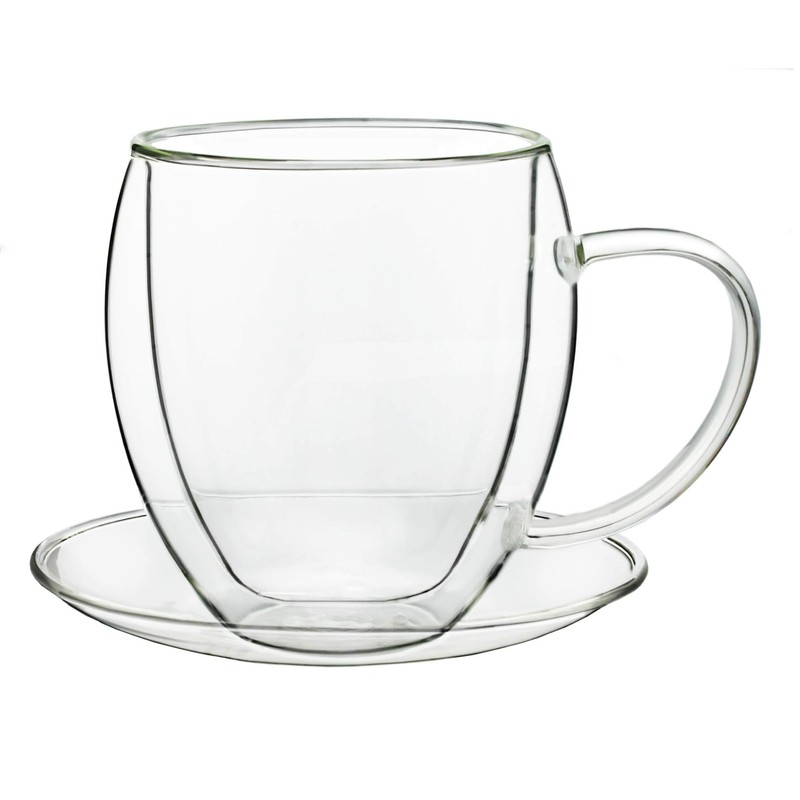 Creano Double Walled Coffee Glasses with Handle & Saucer 250ml