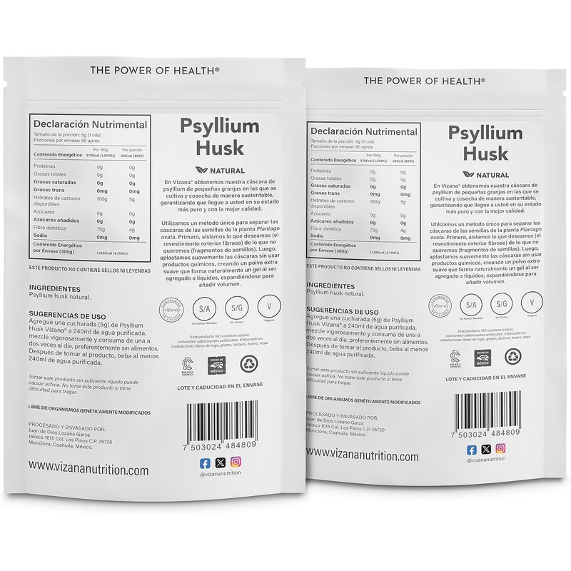 VIZANA NUTRITION Psyllium Husk Natural, 600g Sin Azucar, Cáscara de