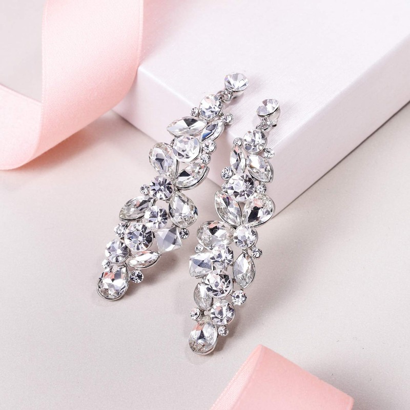 Flyonce Austrian Crystal Bridal Tear Drop Flower Cluster Dangle Earrings