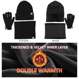 auvstar Children's Winter Hat Scarf Gloves Hat Set, Boys Knitted Hat Loop Scarf, Warm Soft Winter Hats for Toddlers, Beanie Hat Gloves Round Scarf, Girls Winter Beanie Set, black