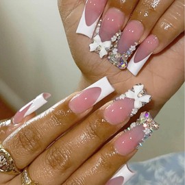 24Pcs Long Square Press on Nails White French Tip Fake Nails with Gem Design Rhinestones Glue on Nails Reusable Bow False Nails Glossy Full Cover Stick on Nails for Women Girls Acrylic Manicure Salon