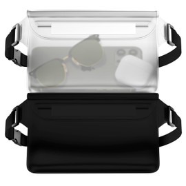 MyGadget 2 x Waterproof Bags [ 22 x 15.5 cm ] - IPx8 Waterproof - Bum Bag with Triple Locking Closure and Adjustable Strap in Transparent & Black