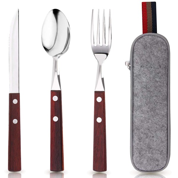 PREMIUM QUALITY Stainless Steel travel utensils with case, Healthy & Eco-Friendly 3pc Full Size Fork, Spoon, Portable Utensils Set with Case, reusable utensils with case