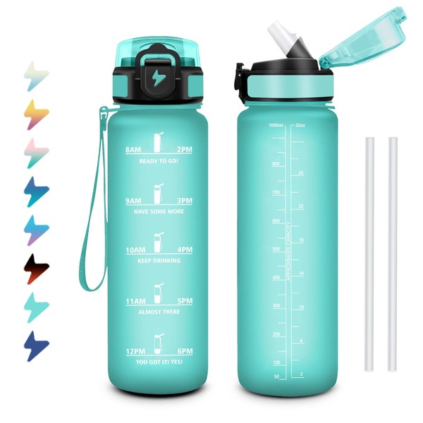 Trinkflasche 1L, Wasserflasche mit Strohhalm, Einhandöffnung, Auslaufsicher, Kohlensäure Geeignet, Sport