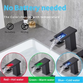 LOOPAN LED Widespread Bathroom Faucet Black - Waterfall Bathroom Faucets for Sink 3 Hole, Bathroom Sink Faucet 8 Inch 2 Handles, Modern Bathroom Faucets with Pop-up Drain & cUPC Supply Lines