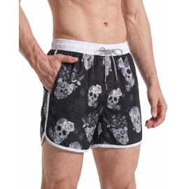 MaaMgic Men's Swimming Shorts Vintage Retro Board Shorts Quick-Drying Short Swimming Trunks with Mesh Lining and Adjustable Drawstring, Skull Black, XL