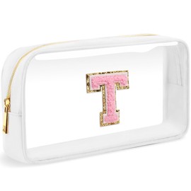 LOFOWN Initial Clear Makeup Bag Small Cosmetic Bag Travel Toiletry Bag Clear Zipper Pouch Purse Organizer Bags for Women, White-M, T, Initial Makeup Bag