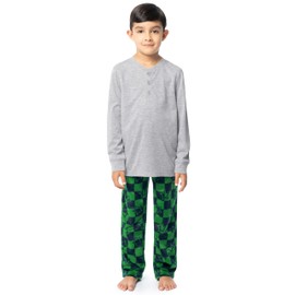 Fruit of the Loom Boys' Long Sleeve Jersey Henley Top and Fleece Pant Sleep Pajama Set, Grey Heather/Green/Navy