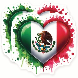 Mexican Flag Stickers - Mexico Heart - Watercolor Mexico - Patriotic Decals - 2 Pack - - 5" Wide Design - Adheres to Laptops, Tumblers, and More – Made in The USA - AQS2402
