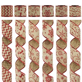 MEEDEE Christmas Ribbon Set Wired Burlap Ribbon 2.5 Inch 6 Rolls 36 Yards Red Glitter Ribbon Burlap Ribbon for Christmas Tree Garland Ribbon Burlap Ribbon for Wreaths Tree Topper Bow Making