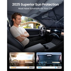 REEVAA 2025 Upgraded Car Windshield Sun Shade Umbrella [100% Sun Protection & Keep Cool] Protect Interior, 360° Flex Handle Sun Shield Sunshade, Large (61''x34'') for Large Pickup Truck/SUV