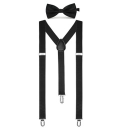 Boolavard Solid Color Mens Suspender Bow Tie Set Clip On Y Shape Adjustable Braces (Black)