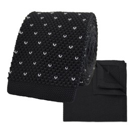 THE GENTS LAB Men's Square End Knitted Neck Tie With Dots & Matching Pocket Square | Made From 100% Soft Polyester | Over 10+ Colours (Black)