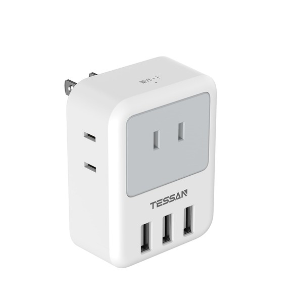 TESSAN USB Outlet Tap, Power Strip with Lightning Guard, 3 AC Outlets, 3 USB Ports, Octopus Outlet, Branching, Charging, Multi-Tap, Direct Plug, For Use in Japan Only Gray
