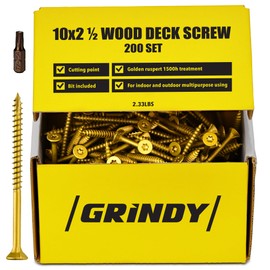 #10 x 2 1/2’’ Wood Screws by Grindy (200pack/2.33LBS) – Self-Drilling Deck Screws I Rust Resistant I Quick Drive & Fast Grip I for Cabinet, Furniture & Other Projects I T25 Star Drive I Bit Included