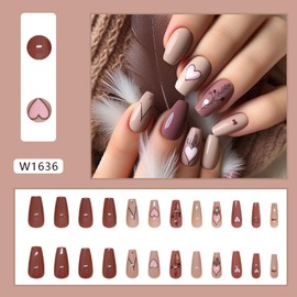 Valentine's Day Press on Nails Medium Coffin Gray Pink False Nails Heart Fake Nails with Heart Feather Design Winter Acrylic Nails Medium Nails Full Cover Glue Stick on Nails for Women 24 pcs