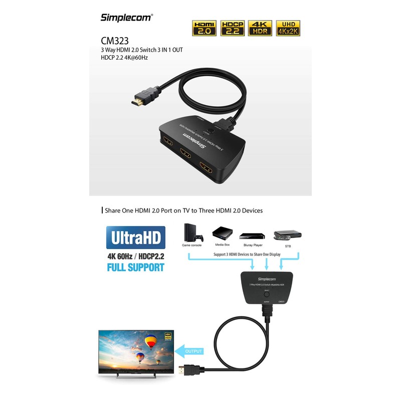 Simplecom CM323 3 Way HDMI 2.0 Switch 3 in 1