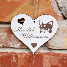 Herzlich Willkommen Sign, Langhaar Chihuahua Head, Decorative Heart, Wooden Welcome Sign, Door Sign, Door Decoration