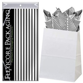 Flexicore Packaging White Kraft Paper Gift Bags & Black Gift Wrap Tissue Paper | Size: 8 Inch X 4.75 Inch X 10.5 Inch | Count: 5 Bags | Color: Black Pin Stripe
