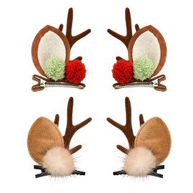 Deer Antlers Hairpins for Girls Christmas Hair Accessories for Women 2Pcs Brown Reindeer Antlers Hair Clips for Kids Adults Deer Ear Headpiece with Red White Fluffy Christmas Balls Stylish Elk Horns