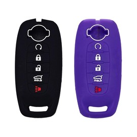 Autobase Silicone Key Fob Cover for 2023 2024 2025 Nissan Rogue Pathfinder Sentra | Rubber Remote Key Fob Protector Case with 5 Buttons - Black and Purple - 2 Pcs