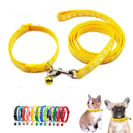 Yellow Small Dog Collar with Bell Leash Set, Nylon Basic Reflective Puppy Collars Paw Print for Boy Girls XXS Xs S Cat Pet Animal Litter Tiny Kitten