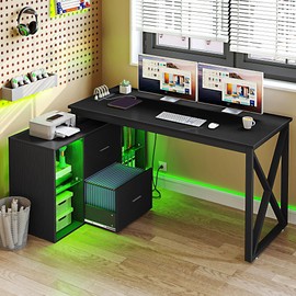 YITAHOME L Shaped Desk with Power Outlets & File Cabinet,55" Reversible Corner Computer Desk with Drawers & LED Lights, L-Shaped Desk with 4 Glass Open Storage Shelves, Black