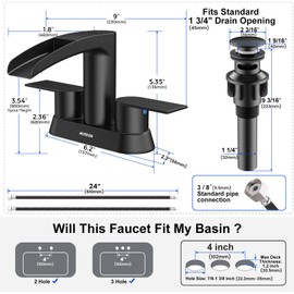 Bathroom Sink Faucet for 3 Hole, Hurran 4 Inch Bathroom Faucets with Pop-up Drain, Stainless Steel 2-Handle Waterfall Faucet for Bathroom Sink, Matte Black