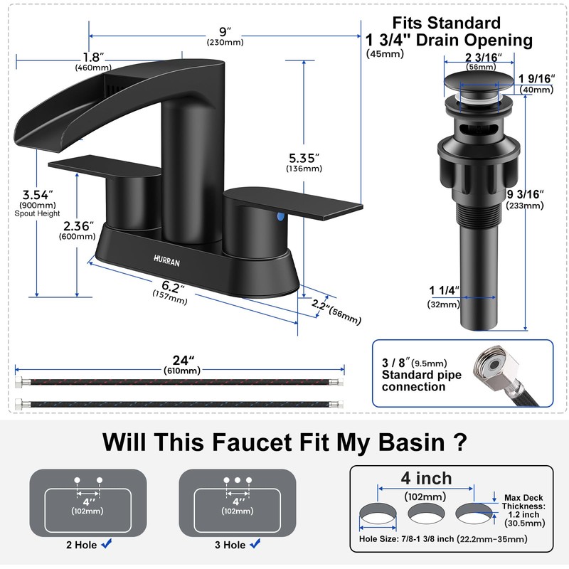 Bathroom Sink Faucet for 3 Hole, Hurran 4 Inch Bathroom