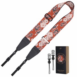 Padwa Lifestyle Adjustable Camera Strap - 2" Top Layer Cowhide Head Camera Straps for Photographers,Soft Cotton Crossbody Strap with Quick Release fits All Cameras - Brown Flower