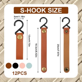 Hopton Pack of 12 S Hooks with Leather Loop, Hooks for Clothes Rail, Colourful, 16 x 3 cm Hooks for Hanging, S-shaped Leather Plastic Coat Hooks, Clothes Hooks for Wardrobe, Kitchen, Bathroom, Camping
