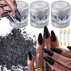 3 Bottles Black Chrome Nail Powder Metallic Mirror Effect Glitter Nail Art Chrome Black Mirror Powder Shiny Ultra Thin Dazzling Pigment Dust Nail Glitter Metal Decor for DIY Nail Art