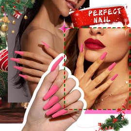 24Pcs Press on Nails for Women Girl, Solid Extra Long Coffin Fake Nails Artificial Fingernail, Reusable with Adhesive Tabs for Gift Parties Festival Makeovers (Pink)