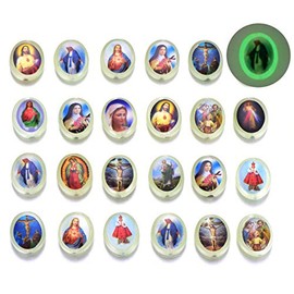 50pcs Luminous Bead Glow in The Dark Resin Jesus Cross Saint Mary with Miraculous Medal Rosary Oval Beads DIY Necklace Bracelets Jewelry Making(0103)
