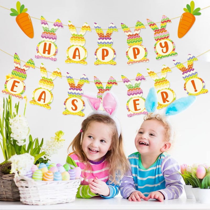 Happy Easter Banner Bunny Carrots Banner Easter Decorations for Indoor