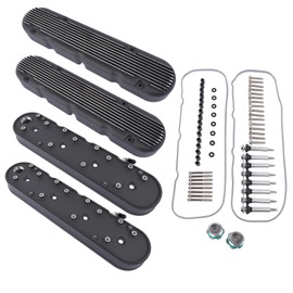Black 2Pcs LS Finned Cast Valve Covers w/Coil Mounts & Covers Replacement for Chevy SBC LS V8 293 325 376 427 LS1 LS2 LS3 LS6 LS7