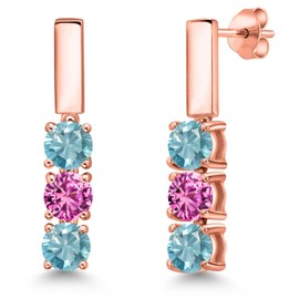 Gem Stone King 18K Rose Gold Plated Silver Blue Zircon and Pink Created Sapphire Drop Dangle Earrings For Women | 2.25 Cttw | Gemstone Birthstone | Round 5MM