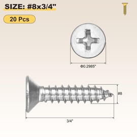 METALLIXITY Countersunk Phillips Wood Screw (#8x3/4) 20Pcs, 304 Stainless Steel Coarse Thread Phillips Drive Flat Head Wood Screws - for Furniture Installation Repair, Silver