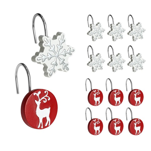 Sunlit Christmas Shower Curtain Hooks Winter Decorative Shower Curtain Rings, Silver Snowflakes and Reindeer, Resin, White Red Winter Bathroom Decoration - 12 Pack