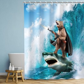 RosieLily Funny Shower Curtain, Bear Shower Curtains Set with 12 Hooks, Waterproof Shower Curtain, Decor Bear Shark Surfing Kids Shower Curtain , 72x78''