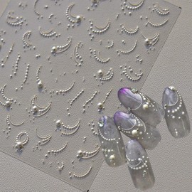 French Nail Art Stickers White Pearl Nail Stickers for Nail Art 5D Embossed Nail Decals French Tips Design Manicure Supplies for Women