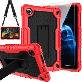 Doemoil for TCL Tab 8 V/TCL AT&T Tab 8 SE (6048E) Tablet Case with Screen Protector,Soft Silicone Rubber Heavy Duty Hybrid Had Back Shell Protection Build in Kickstand (Red/Black/1 PC)
