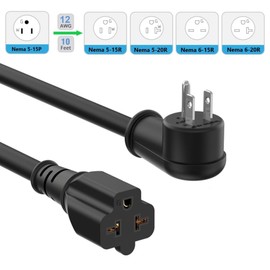 10Ft 12AWG Heavy Duty Right-Angle 15 Amp Household Plug to 20-Amp Extension-Cord, Nema 5-15P to 5-15R,5-20R,6-15R,6-20R T Blade 20Amp to 15Amp 90-Degree Extension Cable,125V 15A to 20A AC Power Cord