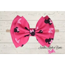 Needles Knots n Bows Pink Minnie Mouse Bow Nylon Waffle Knit Headband, Baby Girls, Toddlers, Adults