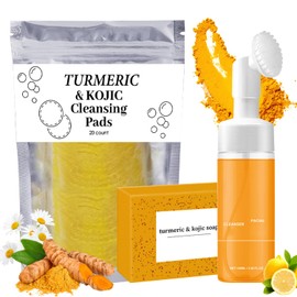 Turmeric Wash and Care Three Piece Set,Tuemeric Facial Cleanser & Turmeric Soap Bar & Turmeric Face Scrub Pads,Turmeric Cleansing Skincare Set,Deep Cleansing(1Set)