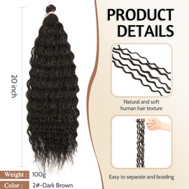 HUA Long Curly Braiding Hair Dark Brown Boho Braids Human Hair Mix Synthetic Deep Wave Bulk for Braiding 20 Inch Extension for Boho Box Braids Locs Twist Goddess Gypsy 3-4 Pack Will Be A Fullly Style