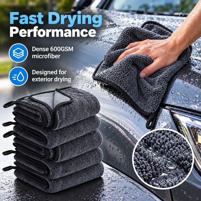 Microfiber Car Wash Towels for Auto Detailing – 600GSM Ultra-Absorbent