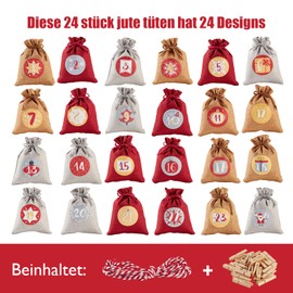 Advent Calendar for Filling, Printed Christmas Calendar, Jute Bags, 24 Large Jute Bags Chain to Fill Yourself and Hang, 2024 Gift Bags for Children (Red)