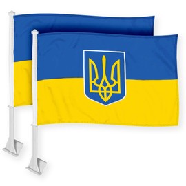 G128 2 Pack: Ukraine Ukrainian Coat of Arms Car Flag | 11x17 In | Double LiteWeave Pro Series Double Sided Printed 150D Polyester | Flagpole Included | Perfect for Festival Celebrations, Parades